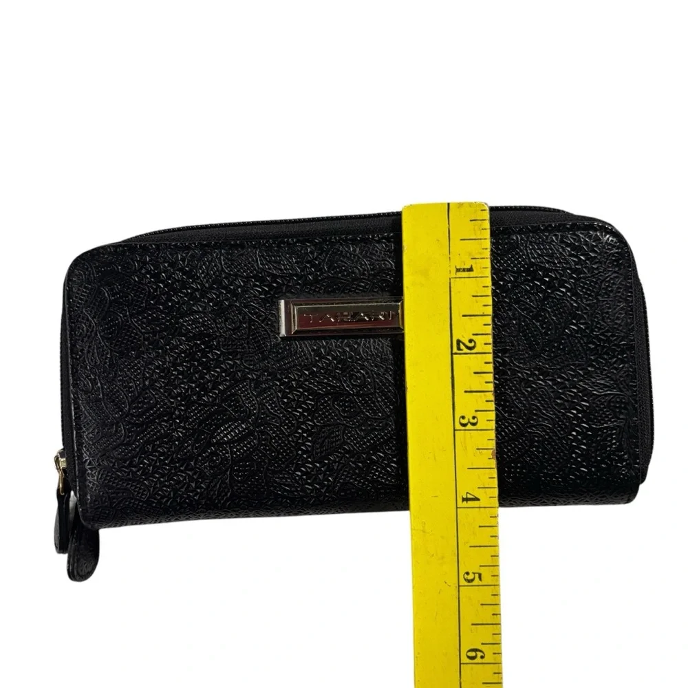 Tahari Black Floral Embossed Leather Double Zipper‎ Wallet 8x4”